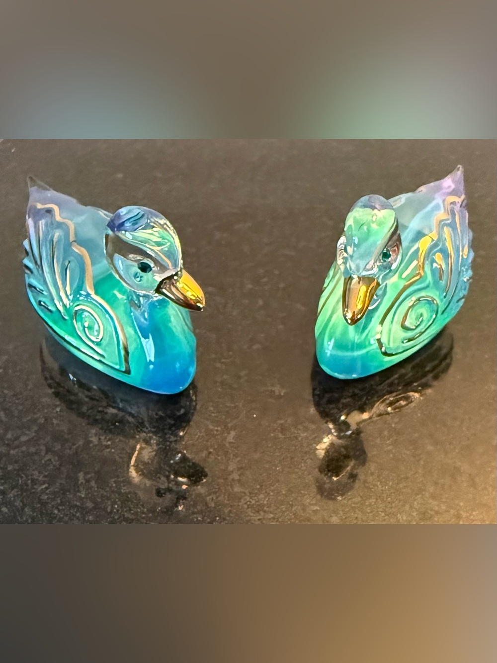 Small Handblown Glass Duck Figurines in Aqua and Teal with Gold Beaks